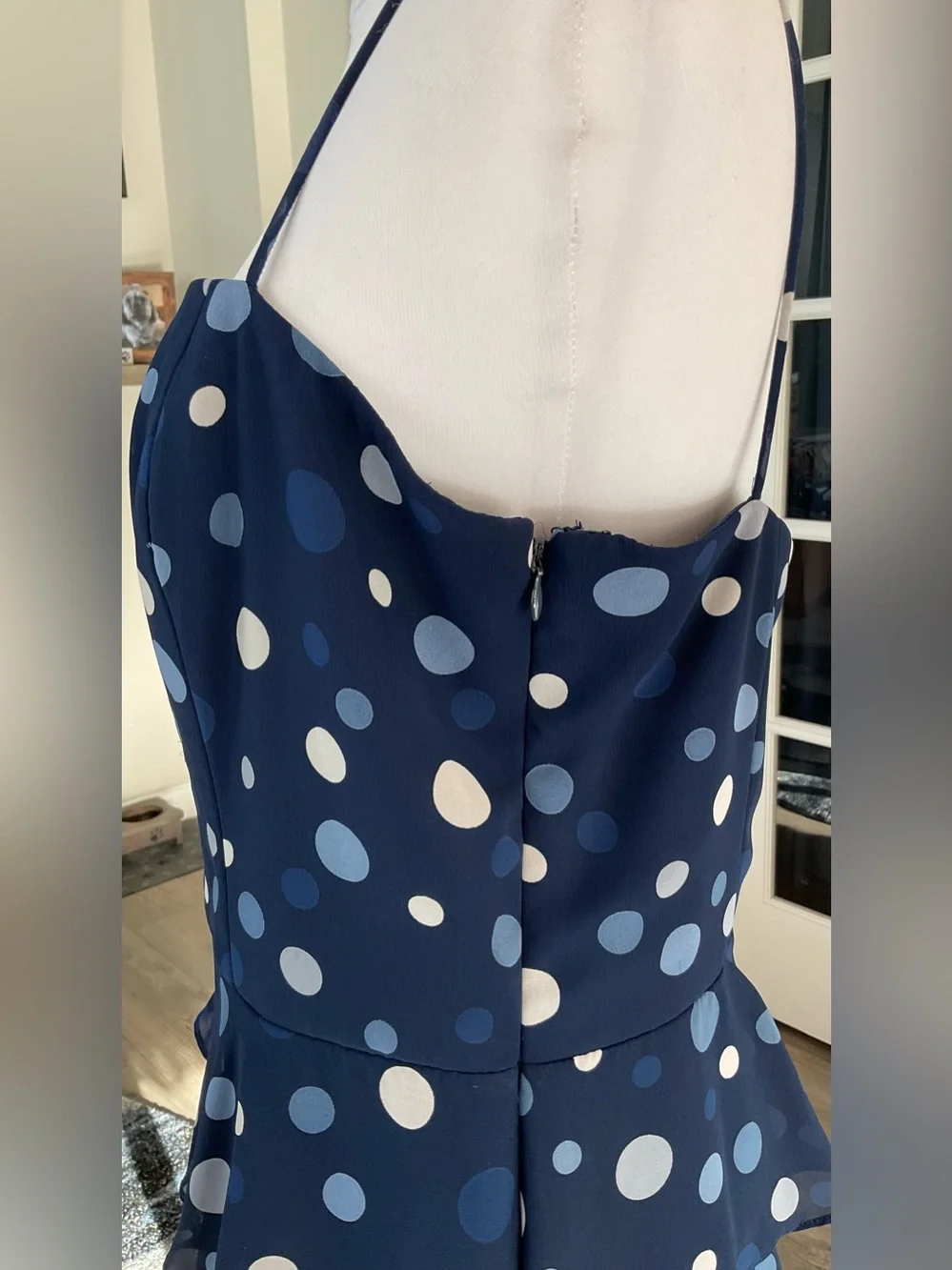 Dressbarn Navy Blue Polka Dot Tiered Chiffon Midi Dress Ruffle Size 12 GUC - Picture 7 of 13